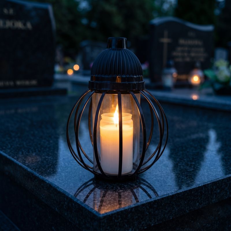 Znicz lampion czarny, kula z drutów zapalony na nagrobku nocą