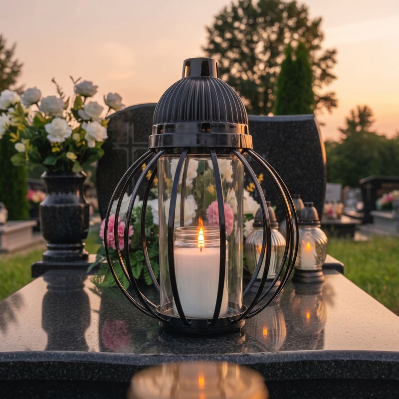 Znicz lampion czarny, kula z drutów od frontu, zapalony na nagrobku o zmierzchu