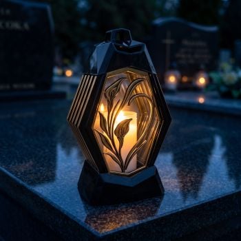 Znicz lampion czarno-złoty z kalią zapalony na nagrobku nocą