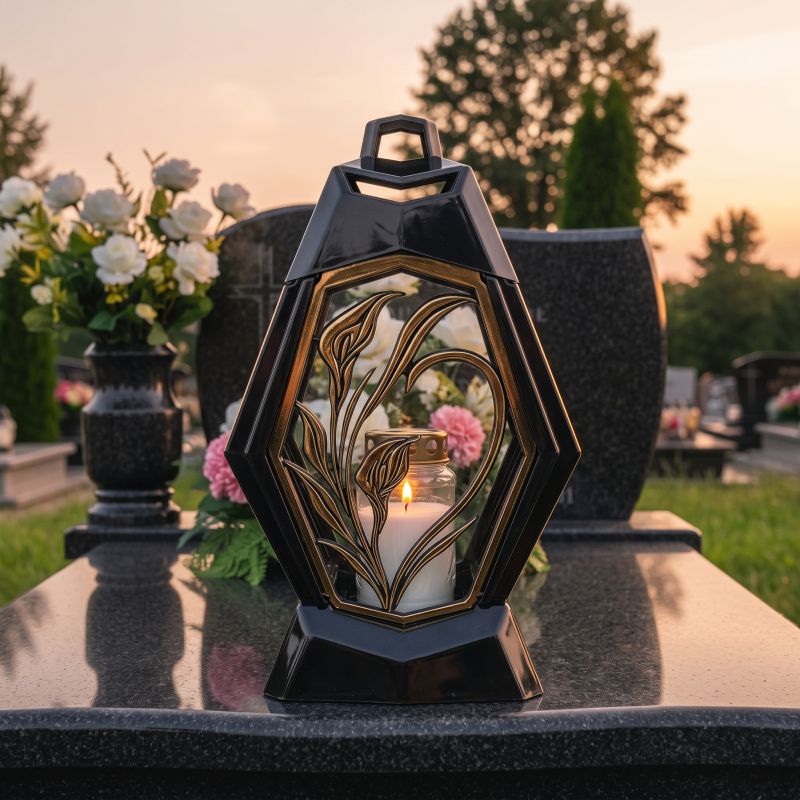 Znicz lampion czarno-złoty z kalią od frontu, zapalony na nagrobku o zmierzchu