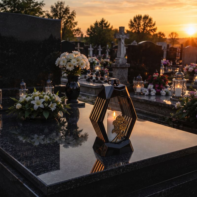 Zapalony znicz kapliczka czarno-złoty z bukietem róż na nagrobku o zachodzie słońca