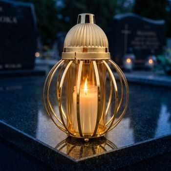 Znicz lampion złoty, kula z drutów zapalony na nagrobku nocą
