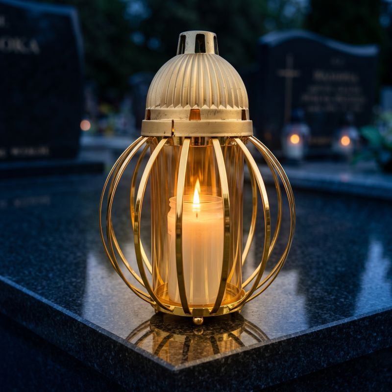 Znicz lampion złoty, kula z drutów zapalony na nagrobku nocą