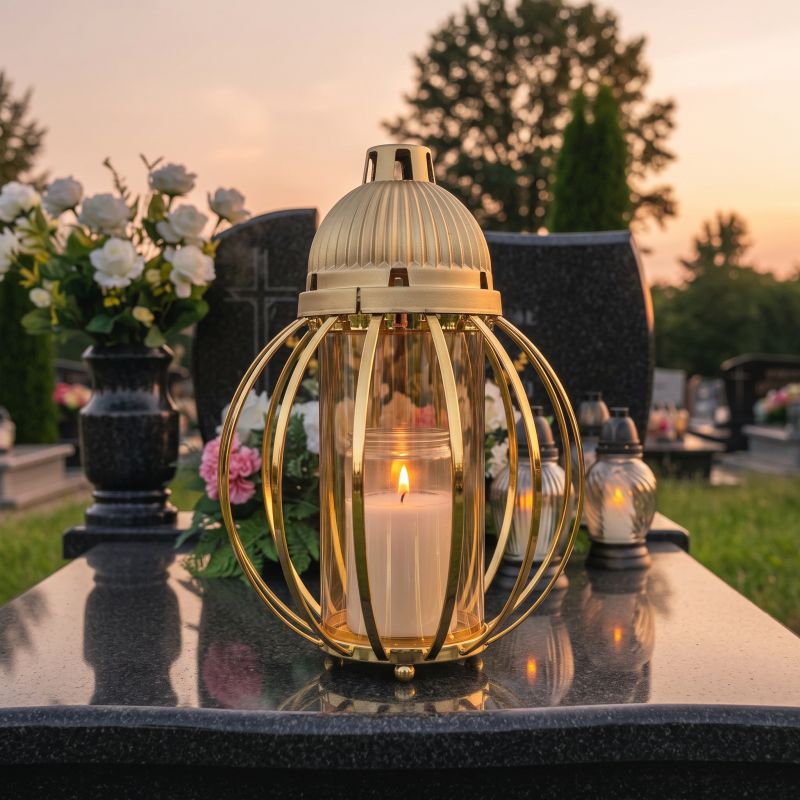 Znicz lampion złoty, kula z drutów od frontu, zapalony na nagrobku o zmierzchu