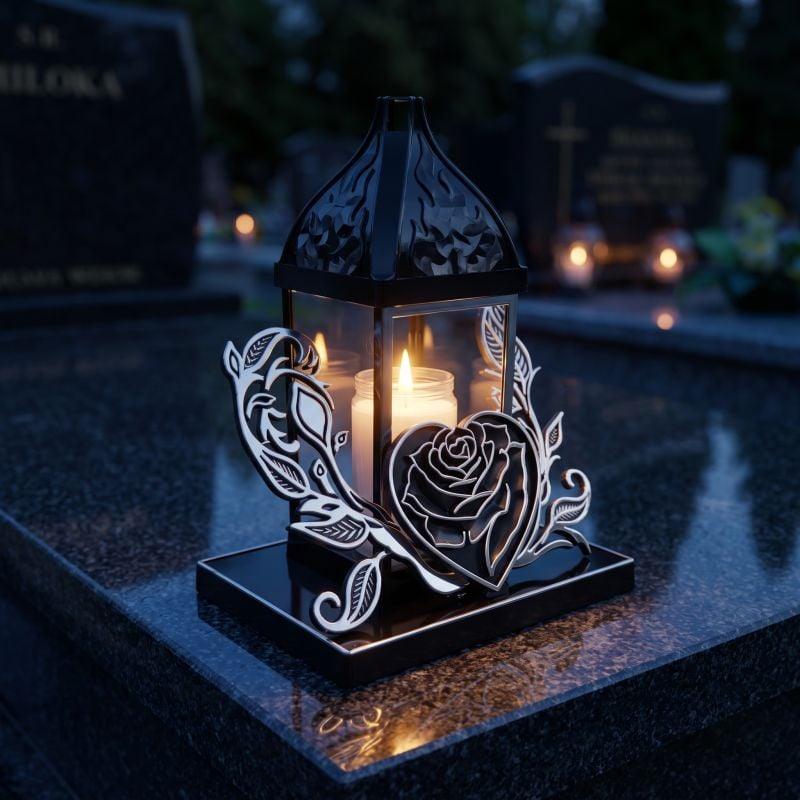 Znicz kapliczka czarno-srebrny z różą w sercu zapalony na nagrobku nocą