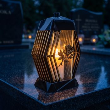 Znicz lampion czarno-złoty z różą zapalony na nagrobku nocą