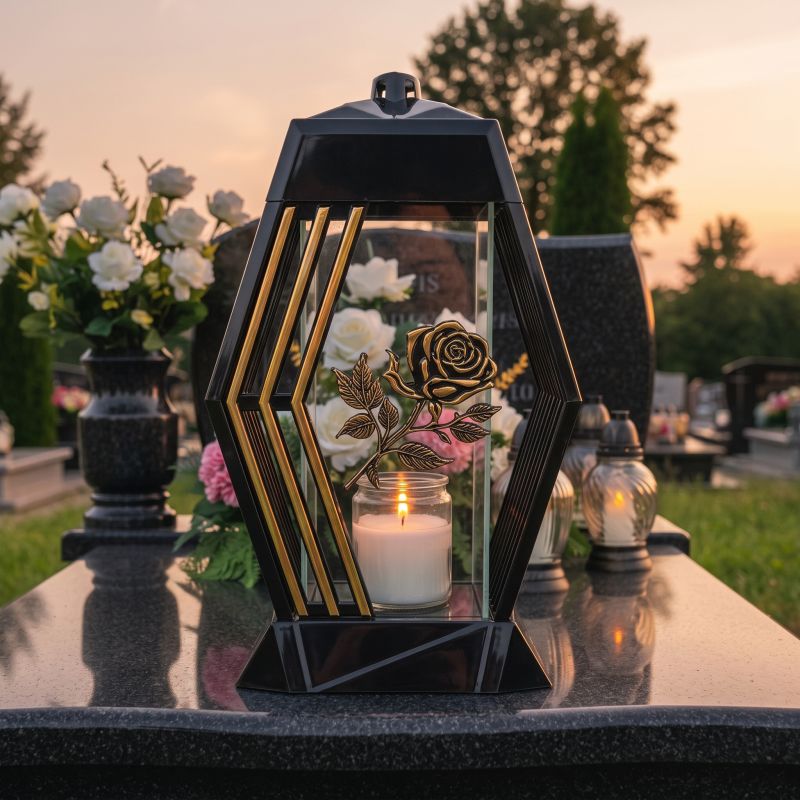 Znicz lampion czarno-złoty z różą od frontu, zapalony na nagrobku o zmierzchu