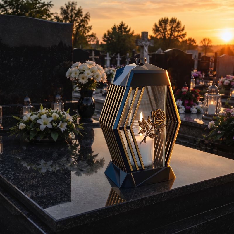 Zapalony znicz lampion czarno-złoty z różą na nagrobku o zachodzie słońca