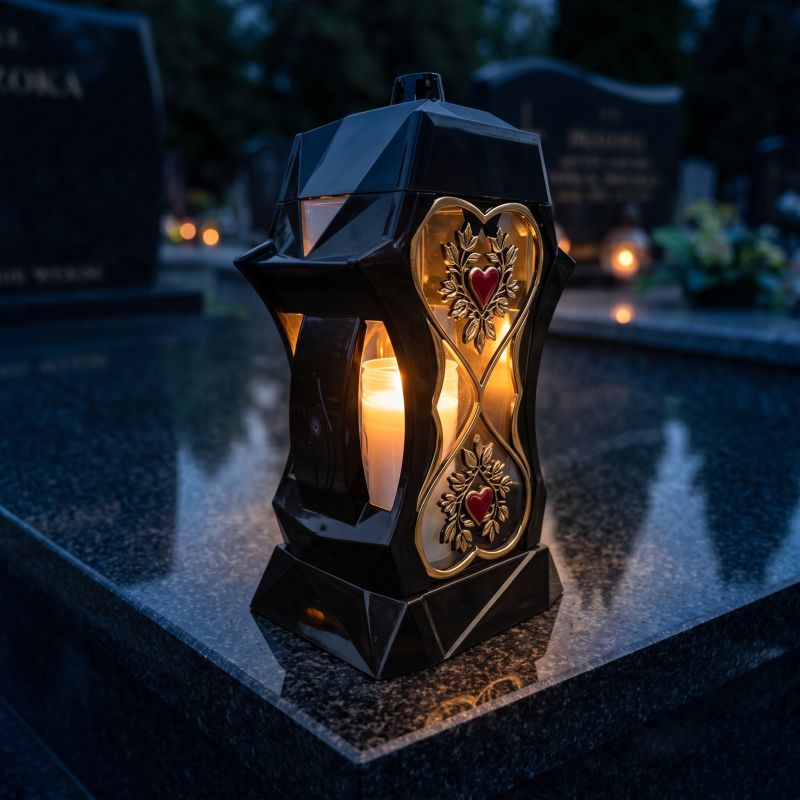Znicz kapliczka czarno-złoty z czerwonymi sercami zapalony na nagrobku nocą