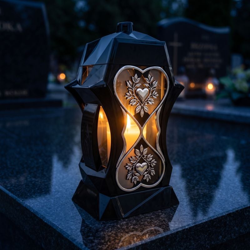 Znicz kapliczka czarno-srebrny ze srebrnymi sercami zapalony na nagrobku nocą