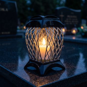 Znicz kapliczka czarny ze srebrną plecionką zapalony na nagrobku nocą