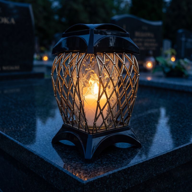 Znicz kapliczka czarny ze złotą plecionką zapalony na nagrobku nocą