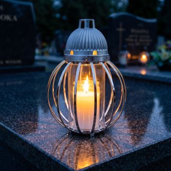Znicz lampion srebrny, kula z drutów zapalony na nagrobku nocą