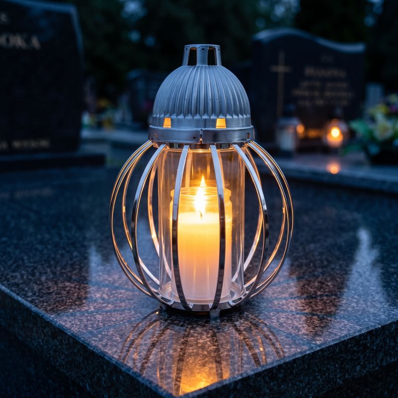 Znicz lampion srebrny, kula z drutów zapalony na nagrobku nocą