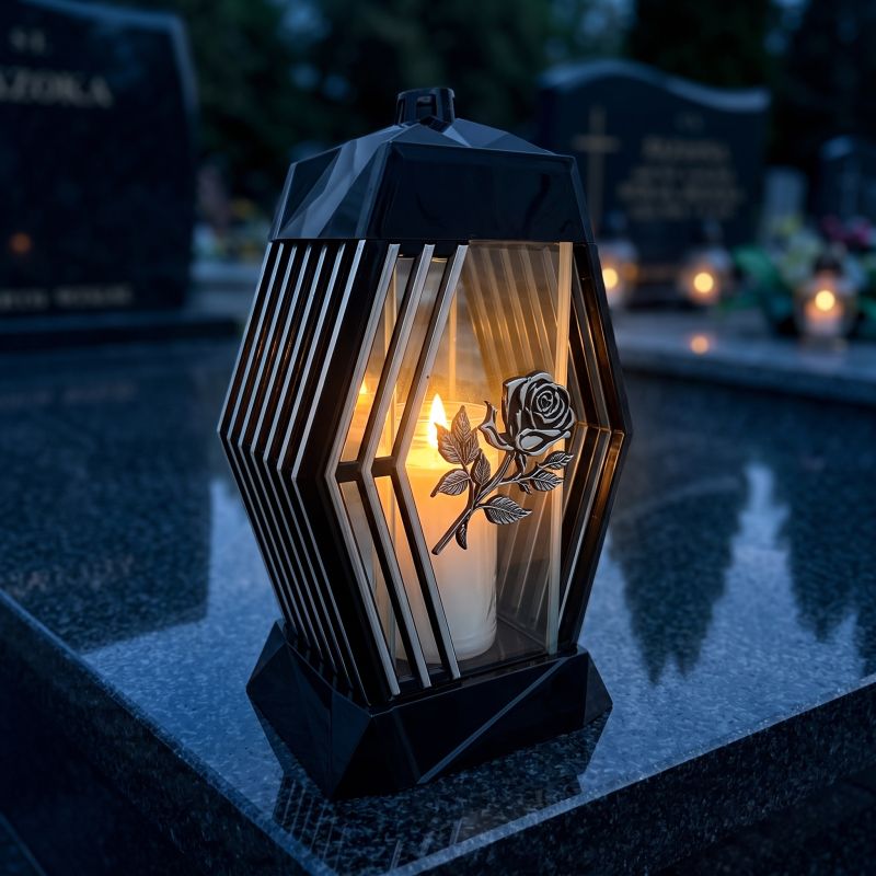Znicz kapliczka czarno-srebrny z różą zapalony na nagrobku nocą