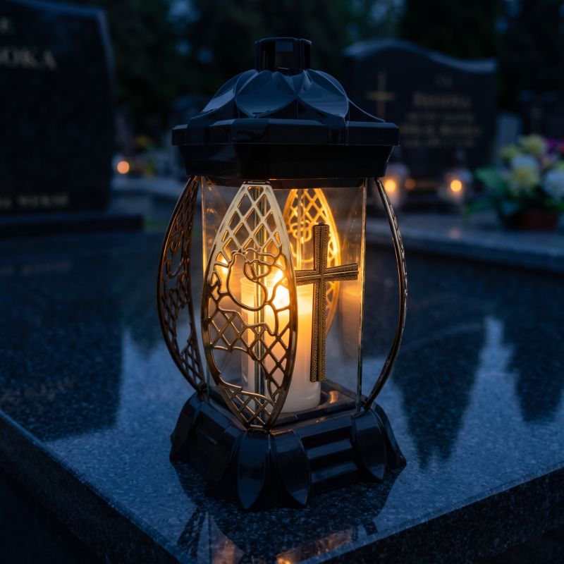Znicz lampion czarno-złoty ze złotym krzyżem zapalony na nagrobku nocą