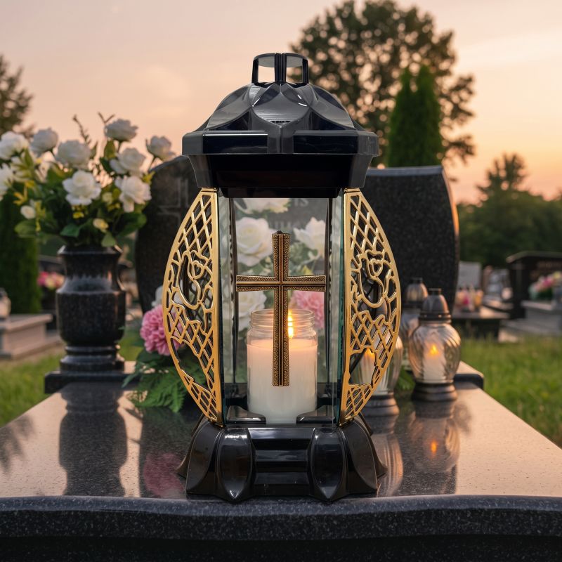 Znicz lampion czarno-złoty ze złotym krzyżem od frontu, zapalony na nagrobku o zmierzchu