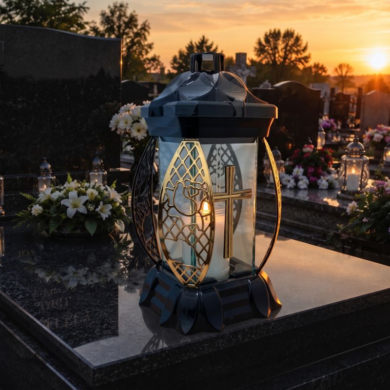 Zapalony znicz lampion czarno-złoty ze złotym krzyżem na nagrobku o zachodzie słońca