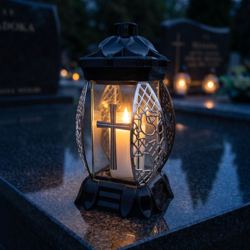 Znicz kapliczka czarno-srebrny ze srebrnym krzyżem zapalony na nagrobku nocą