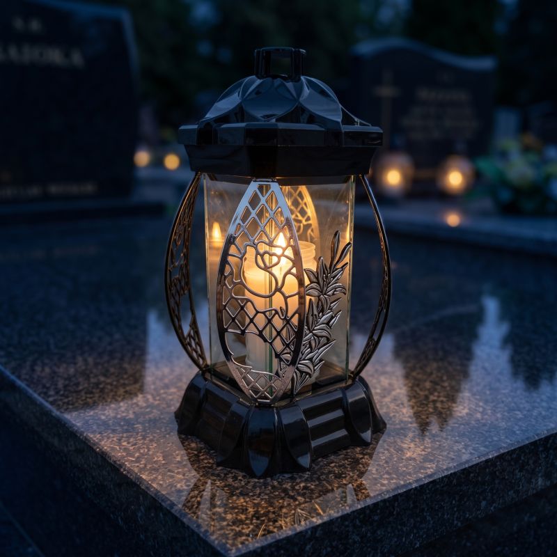 Znicz kapliczka czarno-srebrny ze srebrną lilią zapalony na nagrobku nocą