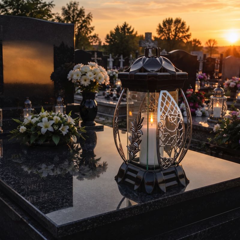 Zapalony znicz kapliczka czarno-srebrny ze srebrną lilią na nagrobku o zachodzie słońca