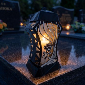 Znicz szklany czarno-srebrny ze srebrną różą zapalony na nagrobku nocą