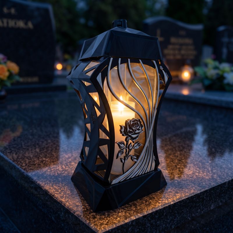 Znicz szklany czarno-srebrny ze srebrną różą zapalony na nagrobku nocą