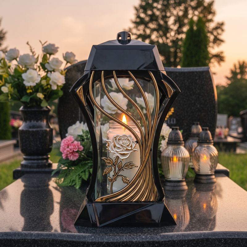 Znicz szklany czarno-złoty z różą perłową od frontu, zapalony na nagrobku o zmierzchu