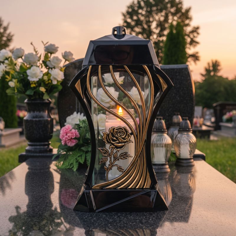 Znicz szklany czarno-złoty ze złotą różą od frontu, zapalony na nagrobku o zmierzchu