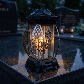 Znicz lampion czarno-srebrny ze srebrną różą zapalony na nagrobku nocą