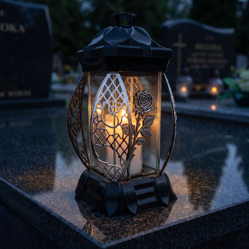 Znicz lampion czarno-srebrny ze srebrną różą zapalony na nagrobku nocą