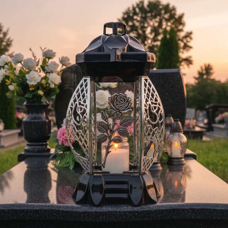 Znicz lampion czarno-srebrny ze srebrną różą od frontu, zapalony na nagrobku o zmierzchu
