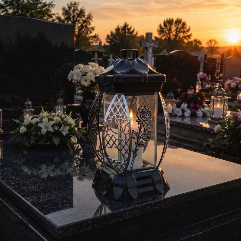 Zapalony znicz lampion czarno-srebrny ze srebrną różą na nagrobku o zachodzie słońca