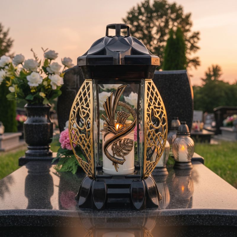Znicz lampion czarno-złoty ze złotą monsterą od frontu, zapalony na nagrobku o zmierzchu