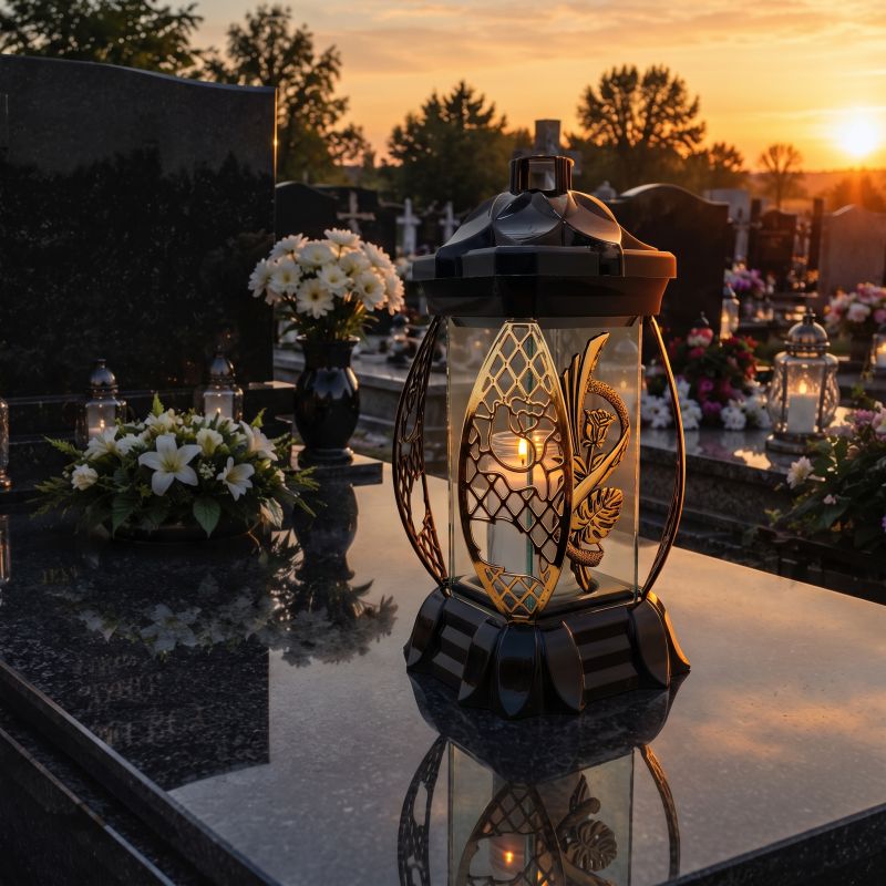 Zapalony znicz lampion czarno-złoty ze złotą monsterą na nagrobku o zachodzie słońca
