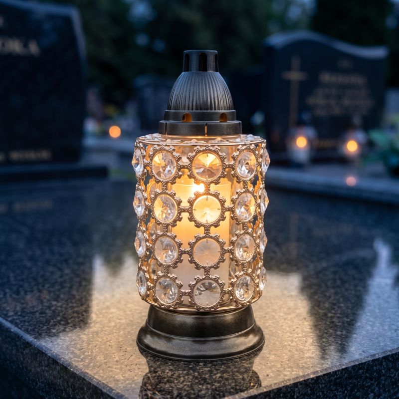 Znicz lampion Diament z kryształkami zapalony na nagrobku nocą