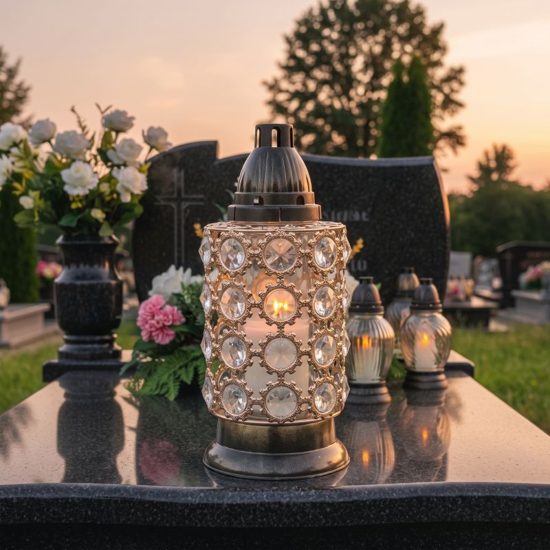 Znicz lampion Diament z kryształkami od frontu, zapalony na nagrobku o zmierzchu