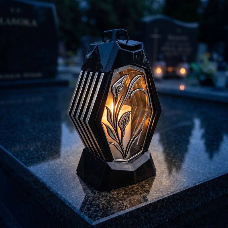 Znicz lampion czarno-srebrny z kalią zapalony na nagrobku nocą