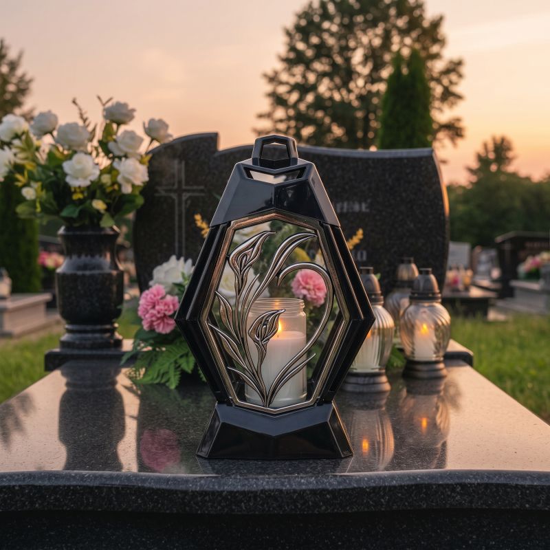 Znicz lampion czarno-srebrny z kalią od frontu, zapalony na nagrobku o zmierzchu