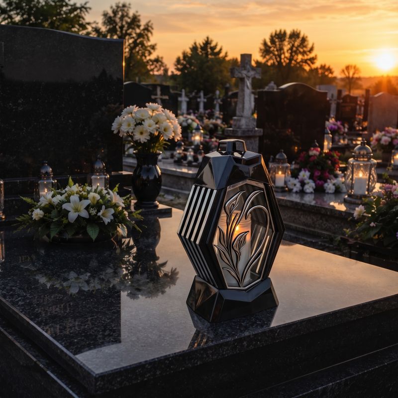 Zapalony znicz lampion czarno-srebrny z kalią na nagrobku o zachodzie słońca