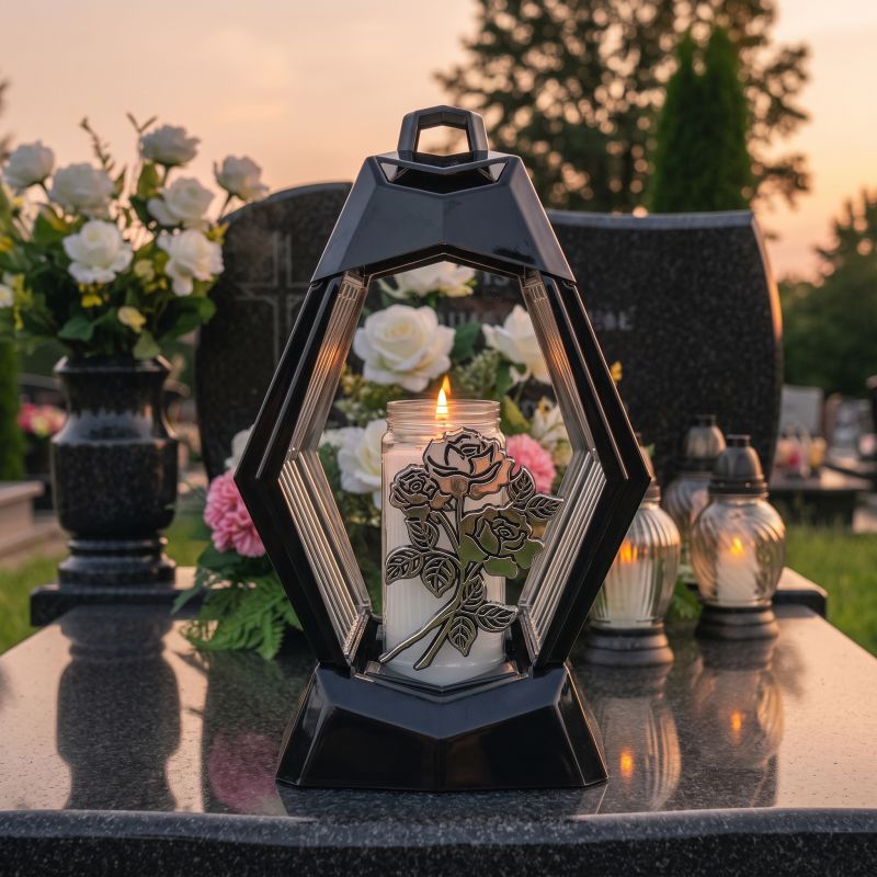 Znicz kapliczka czarno-srebrny z bukietem róż od frontu, zapalony na nagrobku o zmierzchu