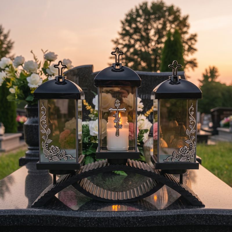 Znicz lampion potrójny czarno-srebrny od frontu, zapalony na nagrobku o zmierzchu