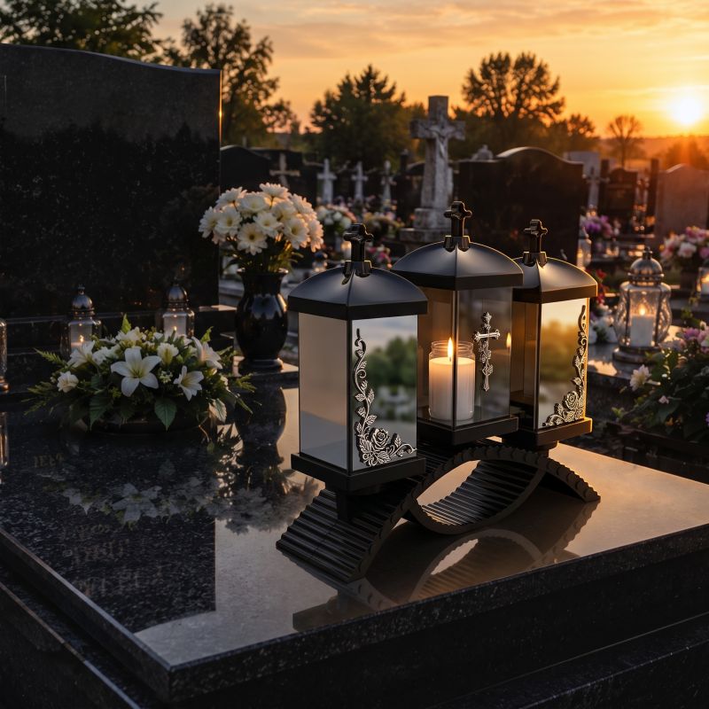 Zapalony znicz lampion potrójny czarno-srebrny na nagrobku o zachodzie słońca