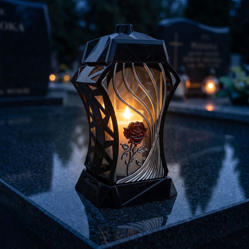 Znicz kapliczka czarno-srebrny z czerwoną różą zapalony na nagrobku nocą