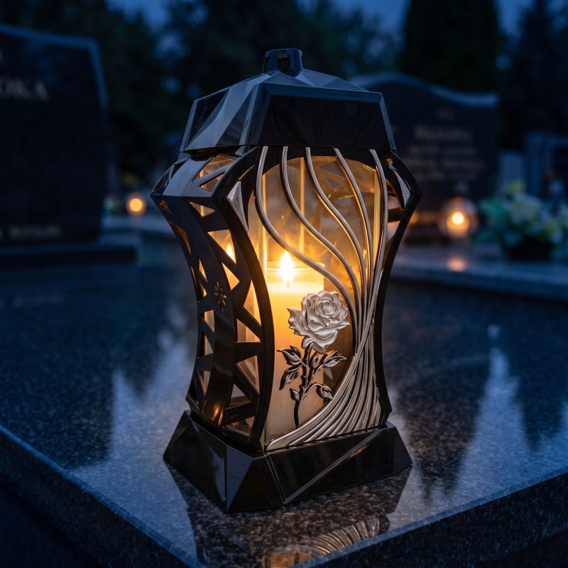 Znicz kapliczka czarno-srebrny z perłową różą zapalony na nagrobku nocą