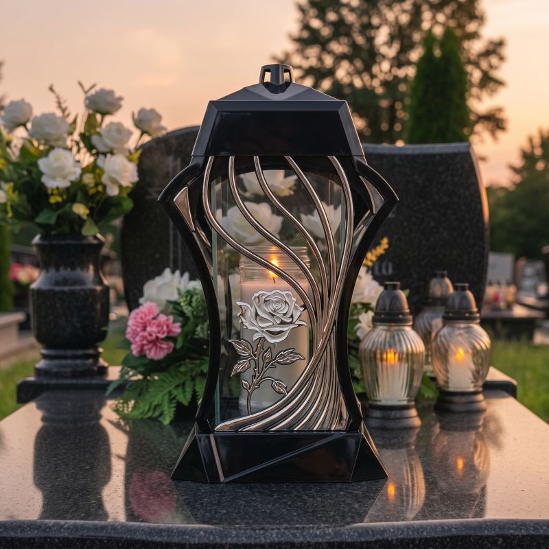 Znicz kapliczka czarno-srebrny z perłową różą od frontu, zapalony na nagrobku o zmierzchu