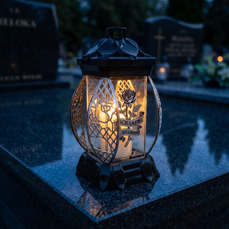 Znicz kapliczka czarno-srebrny „Kochanemu Dziadkowi” zapalony na nagrobku nocą