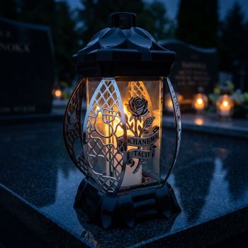 Znicz szklany czarno-srebrny „Kochanemu Tacie” zapalony na nagrobku nocą