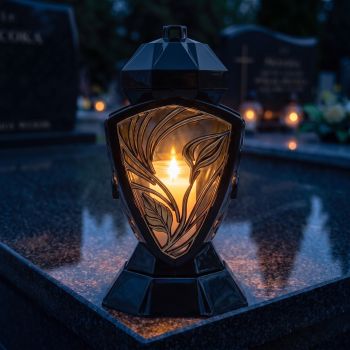 Znicz lampion Wazon czarno-złoty z kalią zapalony na nagrobku nocą