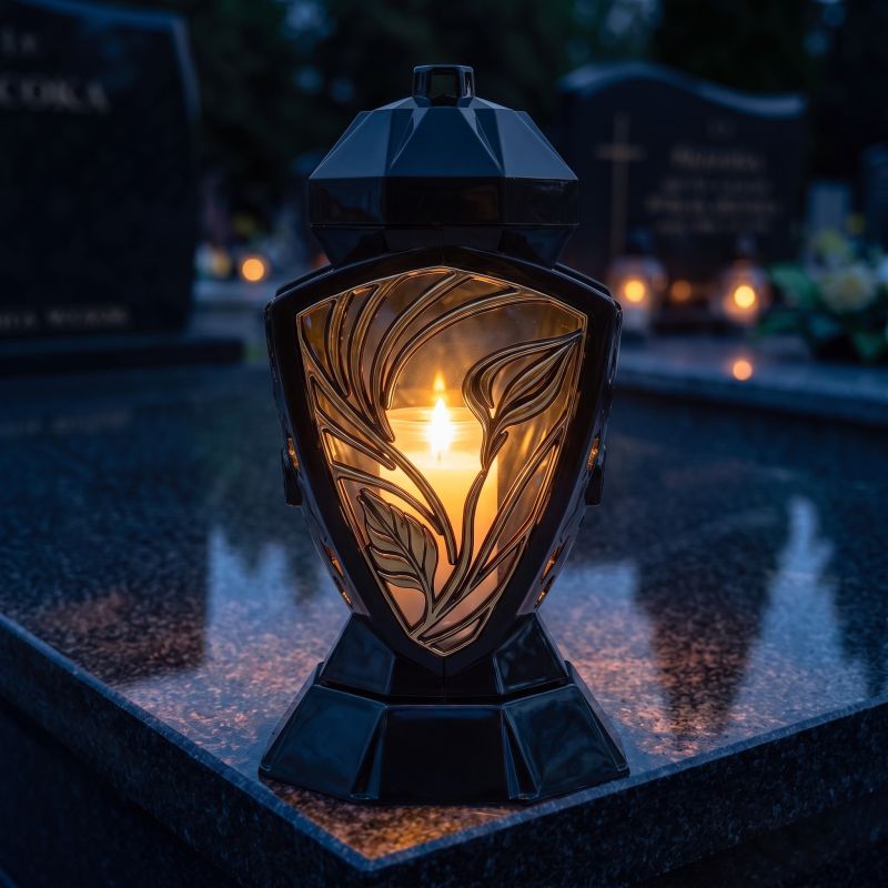 Znicz lampion Wazon czarno-złoty z kalią zapalony na nagrobku nocą